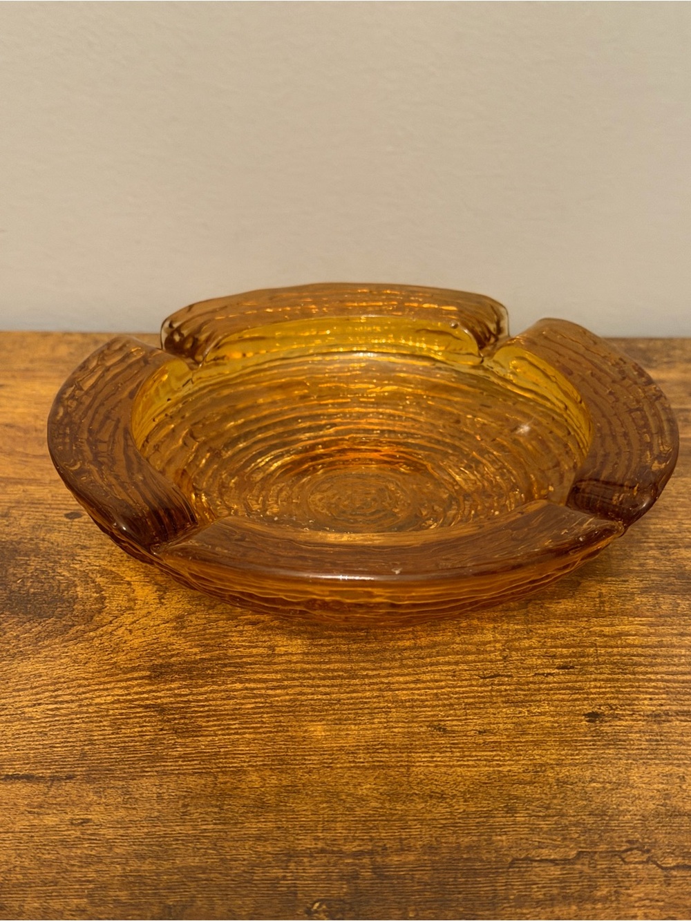 Amber Glass Ashtray Vintage MCM Tree Ring Textured Trinket Dish Heavy Glass